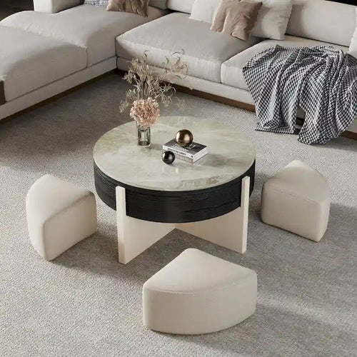Tavolino da caffè moderno da 31,5 pollici, tavolino da caffè con piano sollevabile e 3 pouf, nero - 31,5 x 31,5 pollici