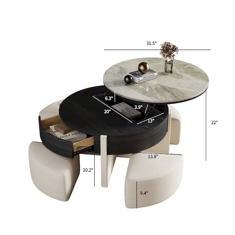 Tavolino da caffè moderno da 31,5 pollici, tavolino da caffè con piano sollevabile e 3 pouf, nero - 31,5 x 31,5 pollici