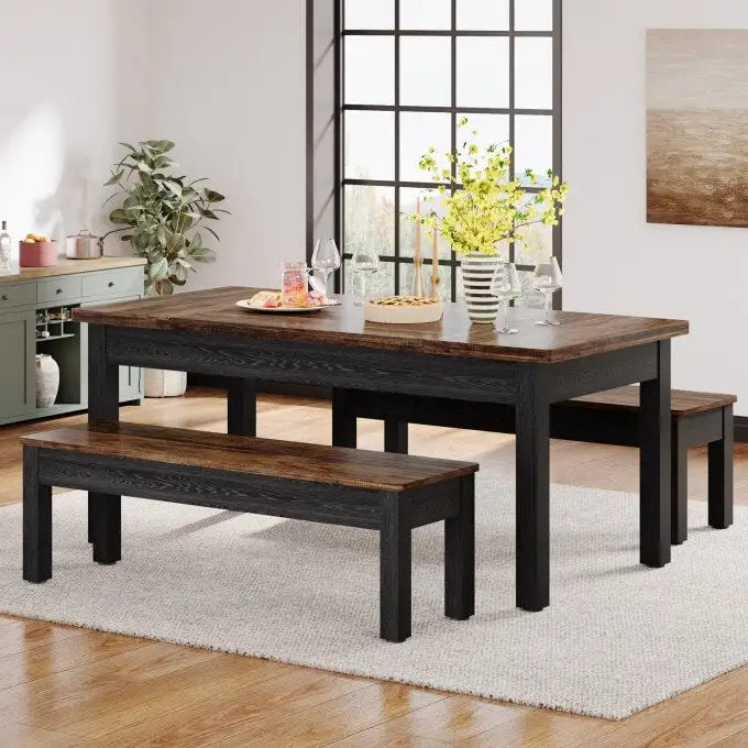 55-Inch Dining Table Set for 4-6, Wood Kitchen Table with 2 Benches